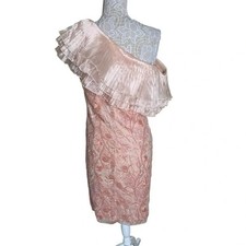 NWT TADASHI SHOJI Pale Pink One Shoulder Ruffle Sequin Dress Lace Overlay sz 6