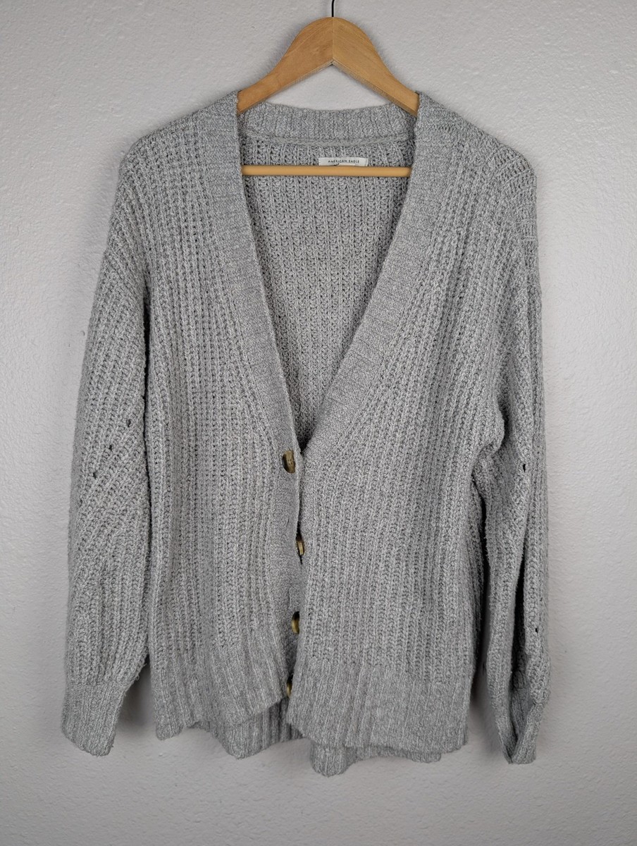 American Eagle Cardigan Sweater Womens XS Gray Chunky Ribbed Knit 