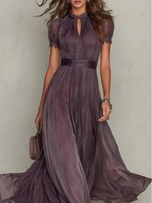 Purple Lace Chiffon Maxi Dress High Neck Waist Cinched Party Gown