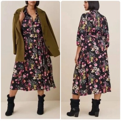 Torrid Studio Dot Floral Midi Shirt Dress Size 3 22/24 Black 3/4 Sleeve $89.50