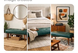 💙Mid Century Modern MCM Green Tufted Bench Ottoman Entryway Bedroom Wood Legs