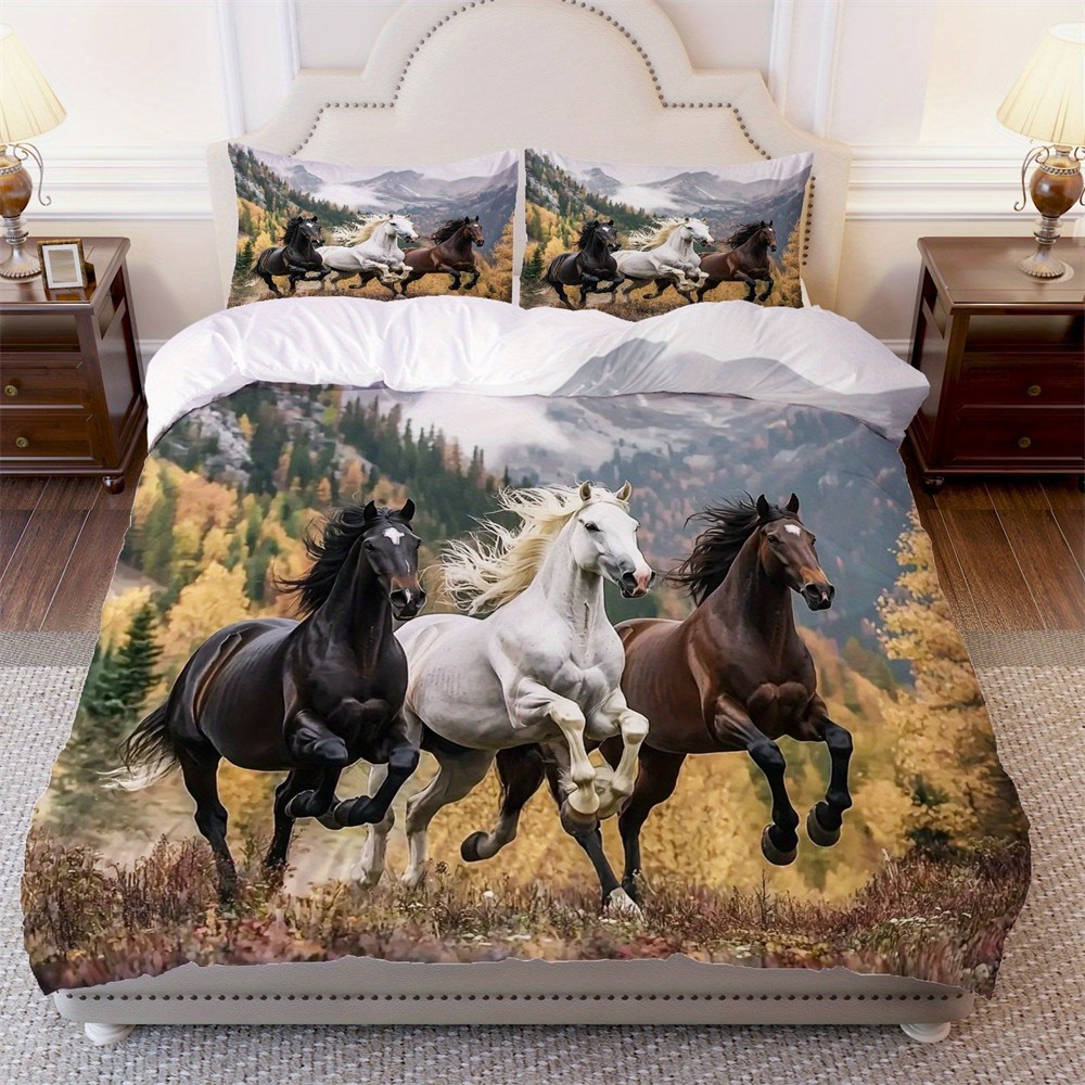 Juego de funda nórdica Forest Running Horses fundas de almohada funda de edredón individual doble king