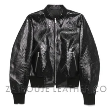 Mens Leather Bomber Jacket, Black Snakeskin Zip-Up Luxe Streetwear Aviator Coat