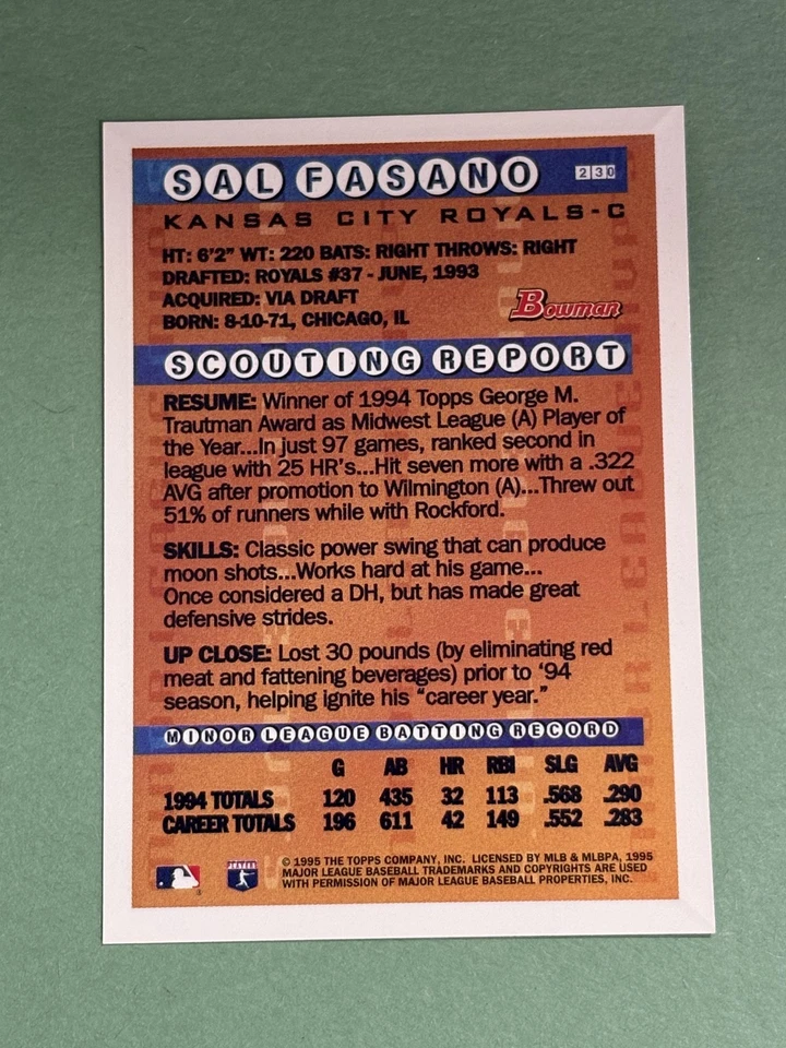 Sal Fasano Rookie 1995 Bowman Kansas City Royals #230   *4926* - Image 2 of 2