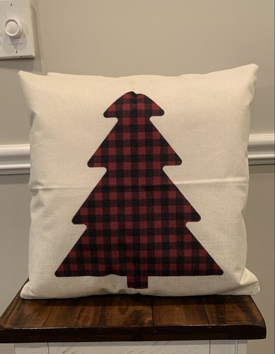 Set of 2 Christmas Throw Pillows White Black Red Buffalo Check Plaid 18x18” TREE - Picture 5 of 12