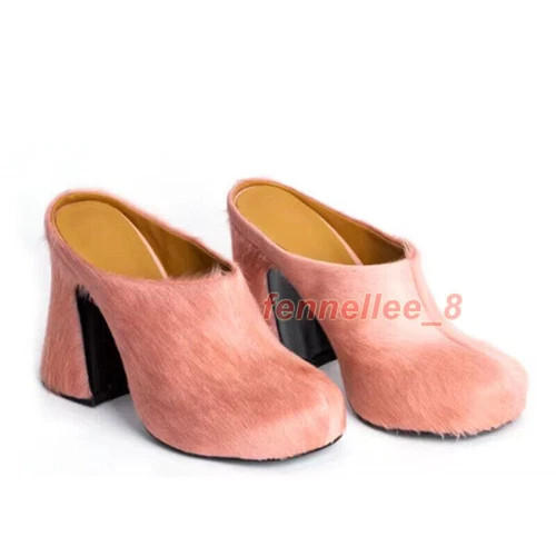 Zapatos de mula de crin de caballo con plataforma de tacón alto grueso talla grande para mujer - Imagen 23 de 31