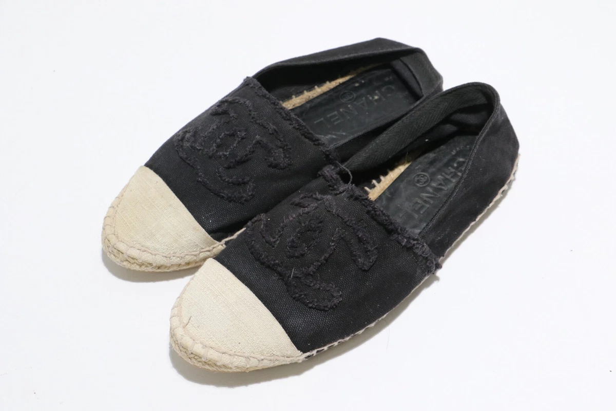 Chanel Black/White Leather CC Espadrille Flats Size 7.5/38