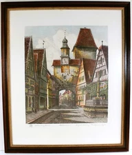 Ernst Geissendorfer VINTAGE Large Colored Etching Signed Rothenburg tauber