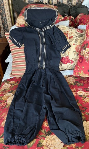 Antique Early 1900's Edwardian Navy & White Trim Swimsuit Romper/Skirt attached - Picture 5 of 18