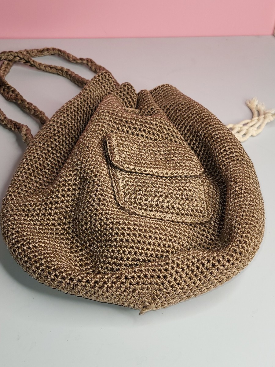 Crochet Drawstring Backpack - Green & Tan Destination Drawstring Bag - DIY Crochet Striped Cinch Purse  main image 3