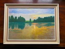 Oil painting signed B. Kobliha evening mood at the lake in forest landscape