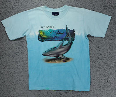 Vtg Key Largo FL Sharks T-Shirt Youth L Blue Fade Cotton 90s Y2K Airbrush Print