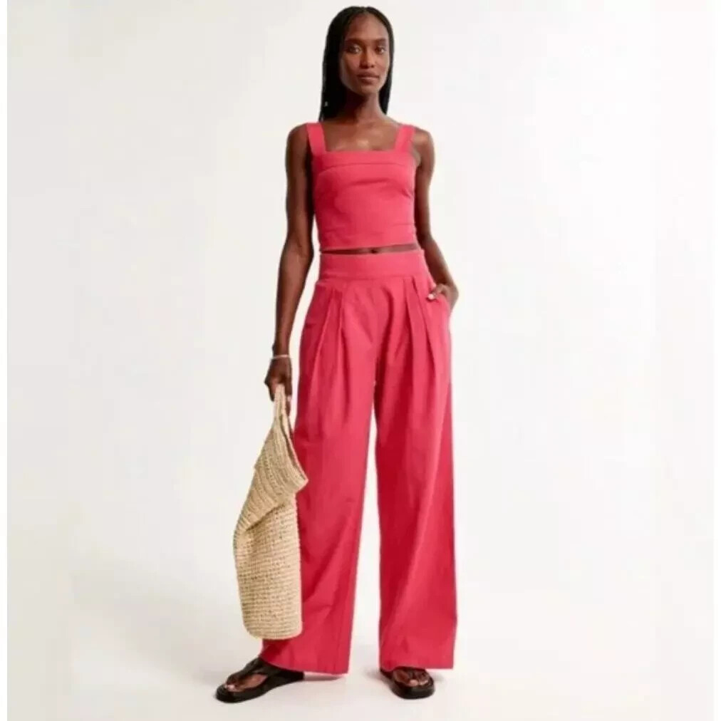 Abercrombie Fitch Linen Blend Wide Leg Pants Women XS Coral Pink