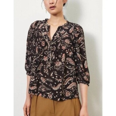 ba&sh Caia Blouse S NEW Carbon Brown Floral Western Peasant Blouse Bohemian