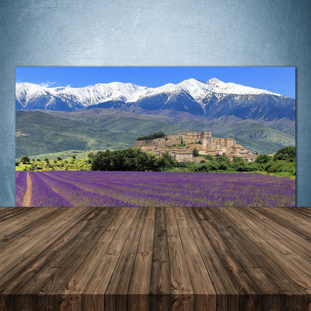 Crédence de cuisine en verre 140x70 fond de hotte panoramique prairie fleurs montagnes