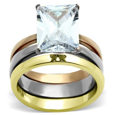 Bicolor Gold Ring Set Smaragdschliff Gold Stapel Silber Verlobungsbänder 4 Karat