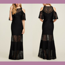 NEW 548 Tadashi Shoji Esme Gold Shoulder Lace Gown in Black SZ Small G508