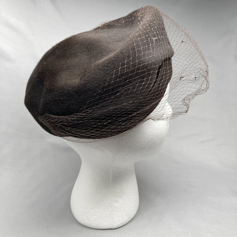 Винтажная Fleur de Lise Италия Темно-коричневая Фетровая Шляпа Шляпа Оплетка Поля Сетчатая Вуаль - Изображение 3 из 4
