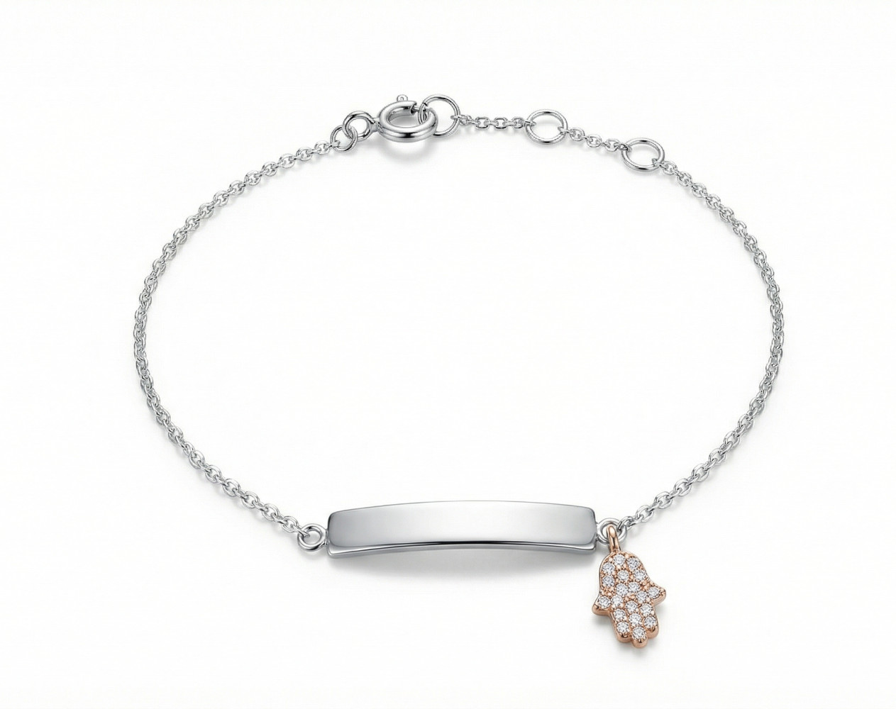 Gourmette plaque à graver anti-allergique en argent massif avec amulette Main de Fatma