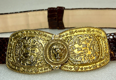 Vintage Alexis Kirk Snakeskin Belt Gold Lion Head Buckle  display picture 2