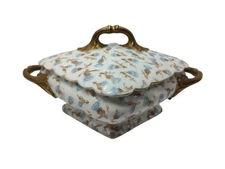 Ovington Brothers Covered Serving Dish Porcelain Blue Thistles Vintage READ