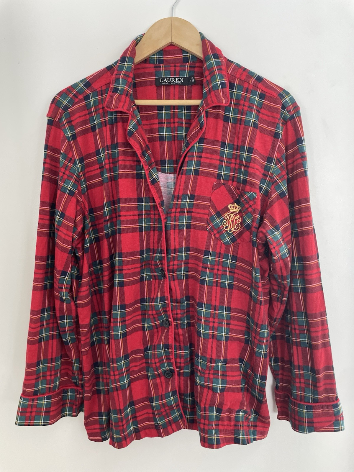 Lauren Ralph Lauren Women's Embroidered Logo Plaid Cotton Blend PJ Top Red XL