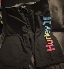 HURLEY BOYS BOARDSHORTS 18/29 BLACK W/ Bright Fluorescent Summer Lettering