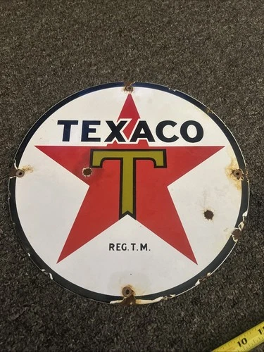 VINTAGE 11.75” TEXACO STAR GASOLINE PORCELAIN GAS STATION PUMP AD SIGN