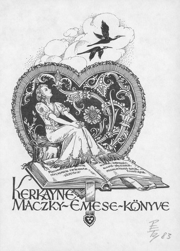 Vtg Art Ex-Libris Bookplate Woman Hearts Book Birds Y1471