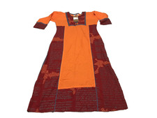 Indian Women Ethnicwear Small Kurti Kurta Orange 3/4 Sleeve Graphic Cotton Long