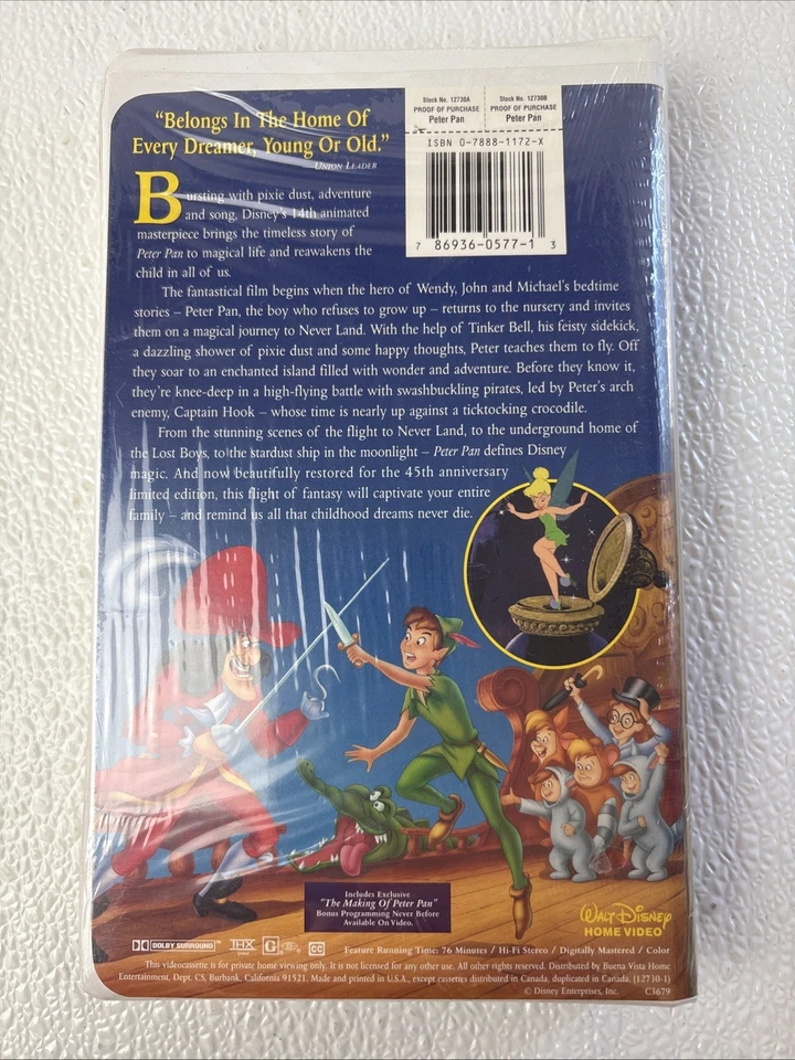 Peter Pan (VHS, 1998) Walt Disney's Masterpiece Collection - Brand New Sealed — 第 2/2 张图片
