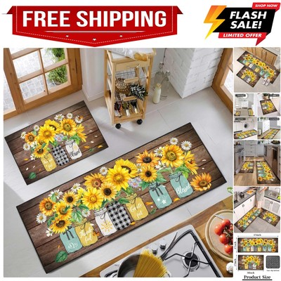 Ideasonna Yellow Floral Kitchen Rug Mat Spring Country Kitchen Rugs Sets of 2 Washable Kitchen Floor Mats Non-Slip Yellow Kitchen Decor