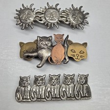 Vintage French Barrette Feline Cats Mixed Metal Hair Clip Made in France Artsy