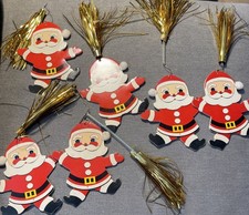 Vintage cardboard Santa s w gold pompoms Christmas Ornaments Lot Of 6