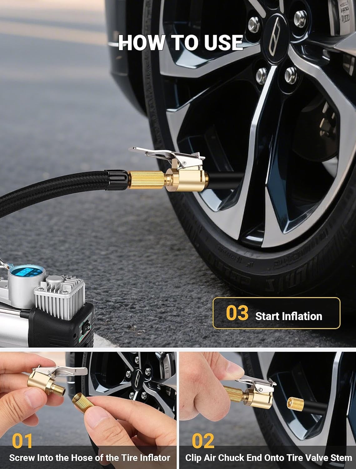 2-Pack Brass Tire Air Chuck, Locking Quick Connect Inflator Hose Adapter, No Lea