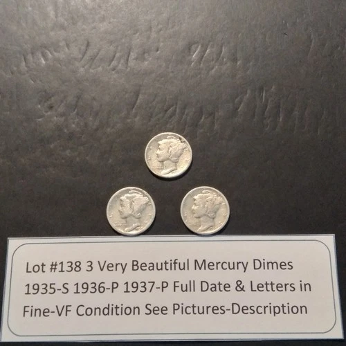 Lot #138 3 Beautiful US Mercury Dimes 1935-S 1936-P 1937-P  F-VF See Pictures