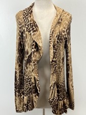 Chicos Animal Print Cardigan Sweater Sz 2 US Large Open Front Ruffle Trim