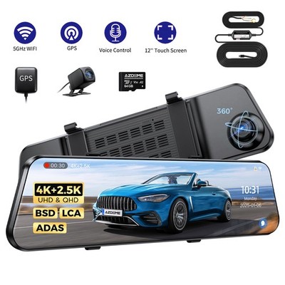 AZDOME 2CH 12''Rearview Mirror Dash Cam 4K+2.5K 5G WiFi GPS Parkmode+Hardwire Kit