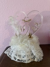 Double Swans Hand Blown Glass Gilding Wedding Cake Topper White Flowers Vtg