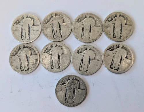 Lot of 10 Standing Liberty Silver Quarters 1917–1930 90% Silver VG/F Original