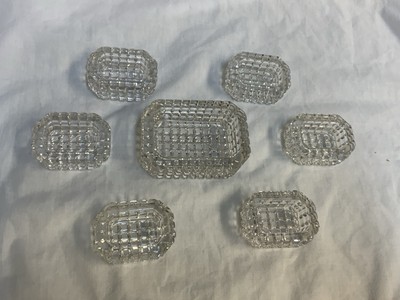 Antique Block Waffle Clear EAPG Rectangular Master Salt Cellar  & 6 Salt Cellars