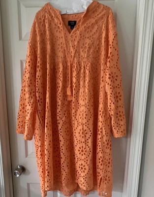 June & Vie Eyelet Cantaloupe Melon Orange V-Neck Long Sleeve Swing Dress Plus 20