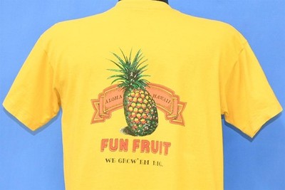 vtg 90s ALOHA HAWAII WE GROW EM BIG PINEAPPLE FUN FRUIT YELLOW t-shirt SMALL S
