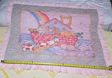 Pink Noah's Ark Crib Quilt Blanket Coverlet, Quilted with Ruffled Edge