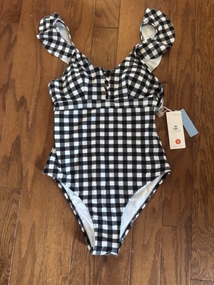 NWT s Cupshe One Piece Swimsuit Sz S Black White Gingham Ruffle Lace Up