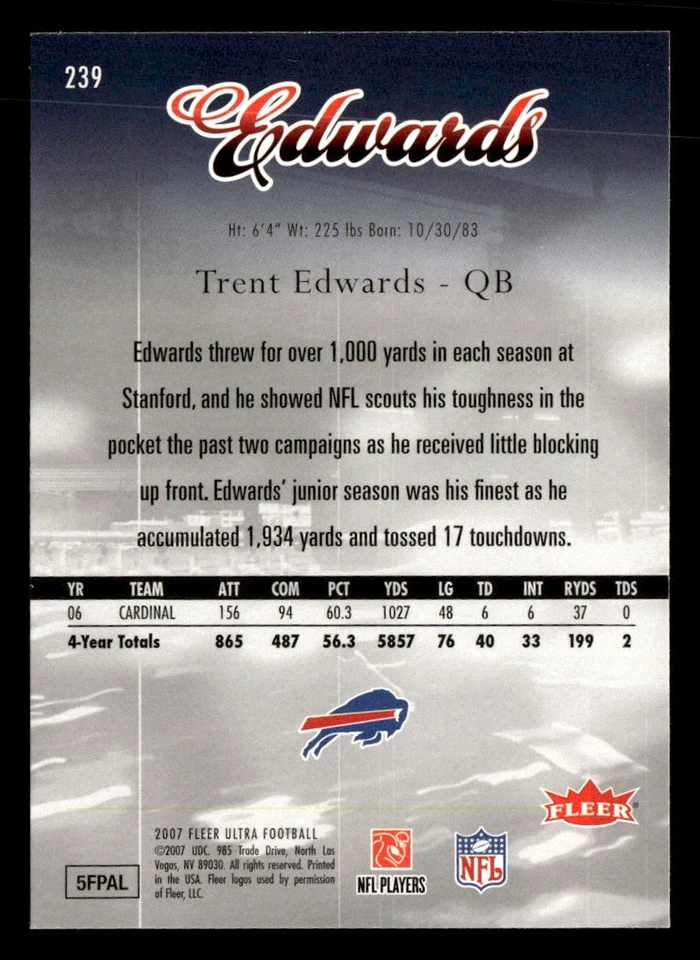 Trent Edwards 2007 Ultra Rookie Card #239 Buffalo Bills - Image 2 of 2