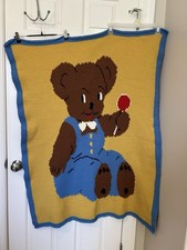 Vtg Hand Crocheted Teddy Bear Overalls Baby Blanket Throw Afghan Nursery Child