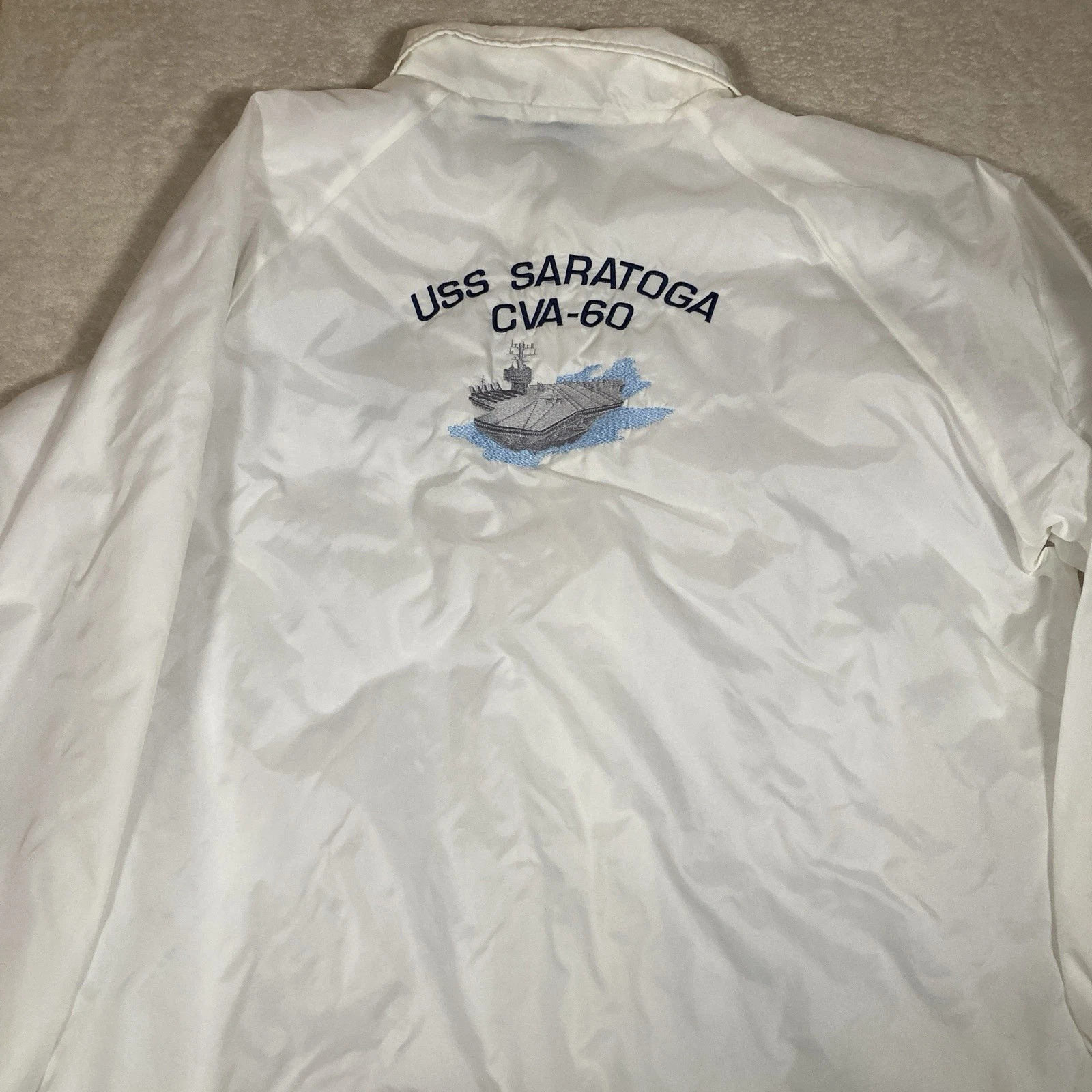 USS Saratoga CVA-60 Aircraft Carrier NAVY White SATIN BOMBER JACKET Souvenir XL image 2