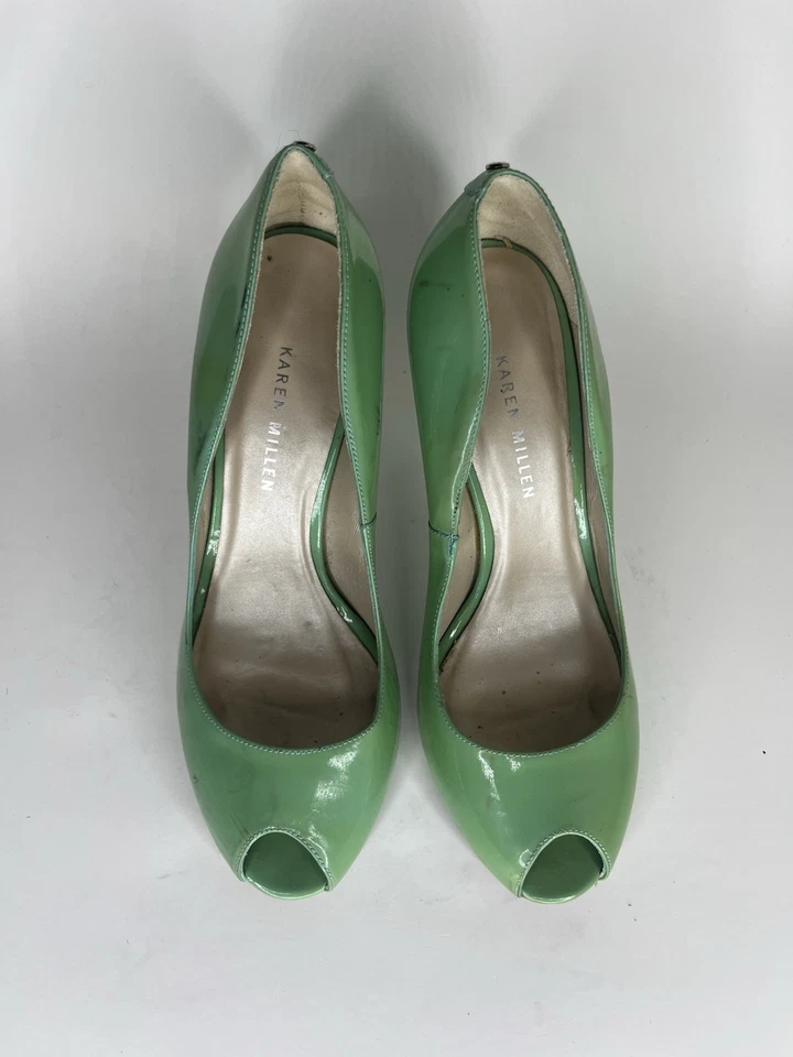 Tacones de aguja Karen Millen verde charol azul pastel peep mujer 38,5 EU/8M EE. UU. Foto 2 de 4