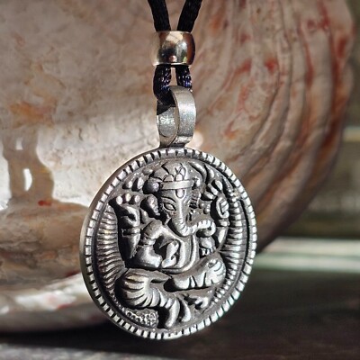 Ganesh Necklace Pendant Ganesha Hindu Elephant God Pewter Tie Cord & Boxed Gift